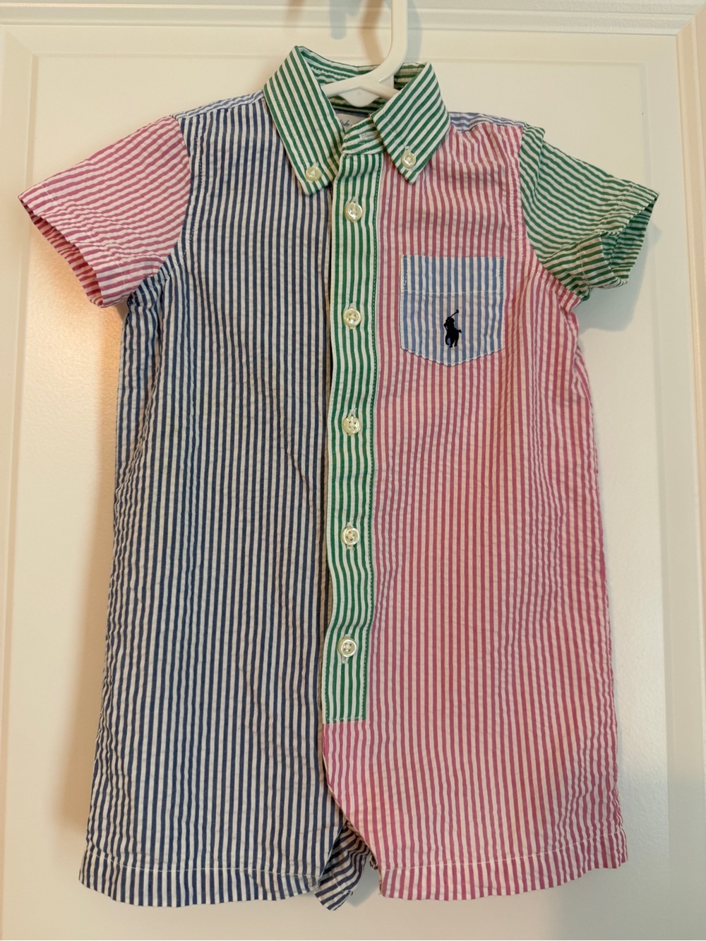 Ralph Lauren Multi-Stripe Seersucker Button Romper - Blue, Pink & Green